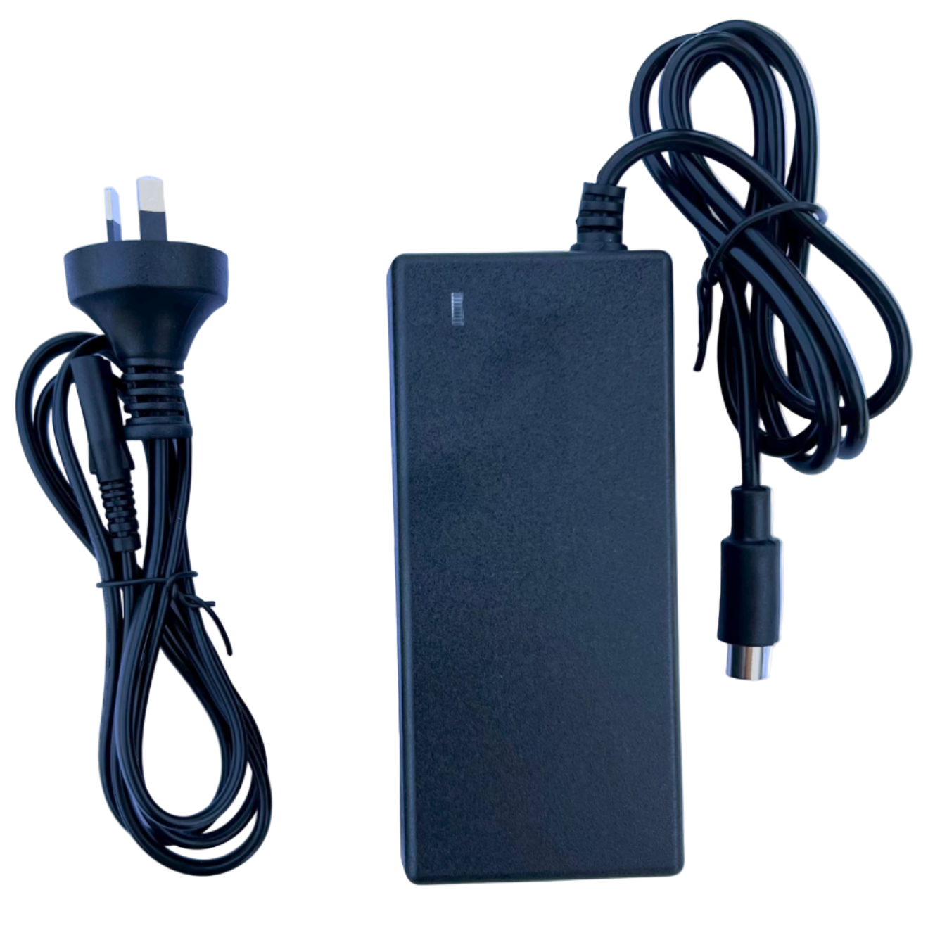 Black barrel power adapter with plug and cable on a white background