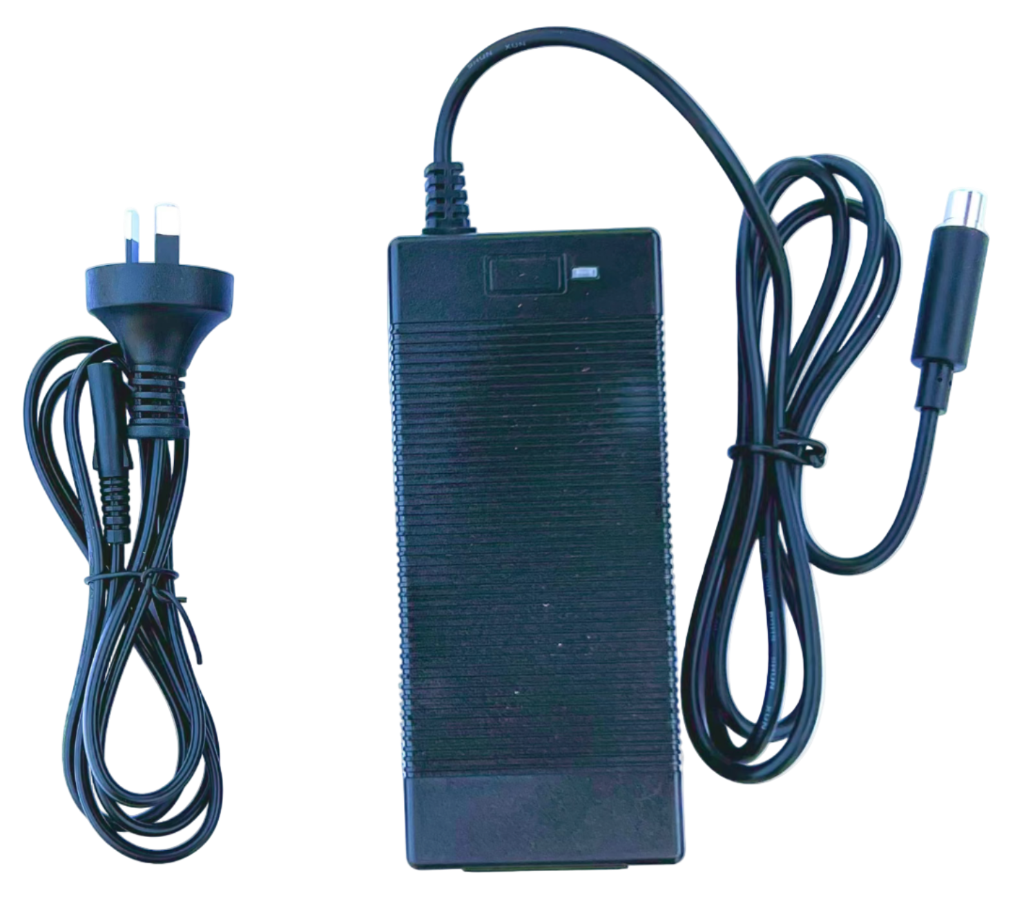 Black barrel power adapter with cables on a white background