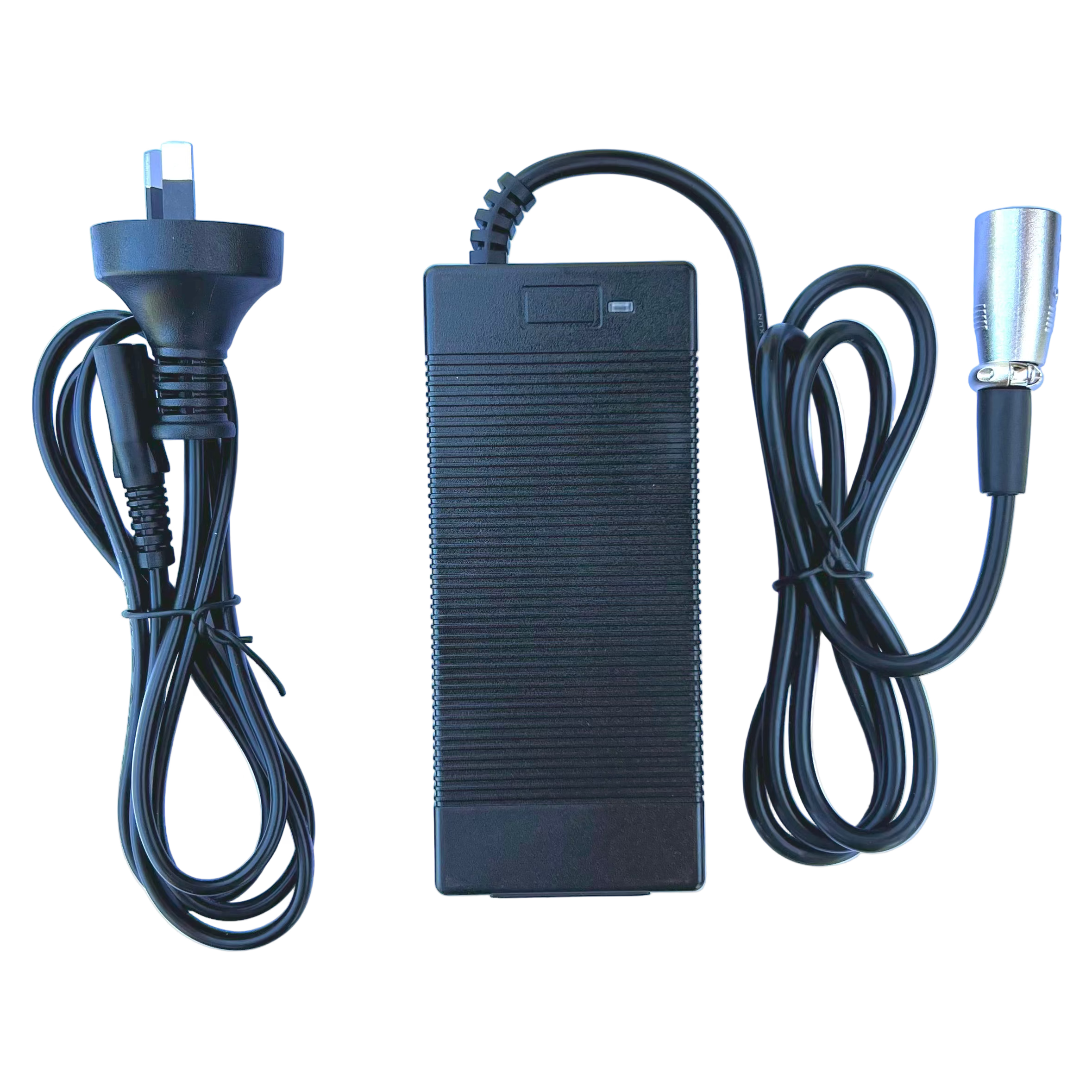 Black power adapter with plug and cable on a white background
