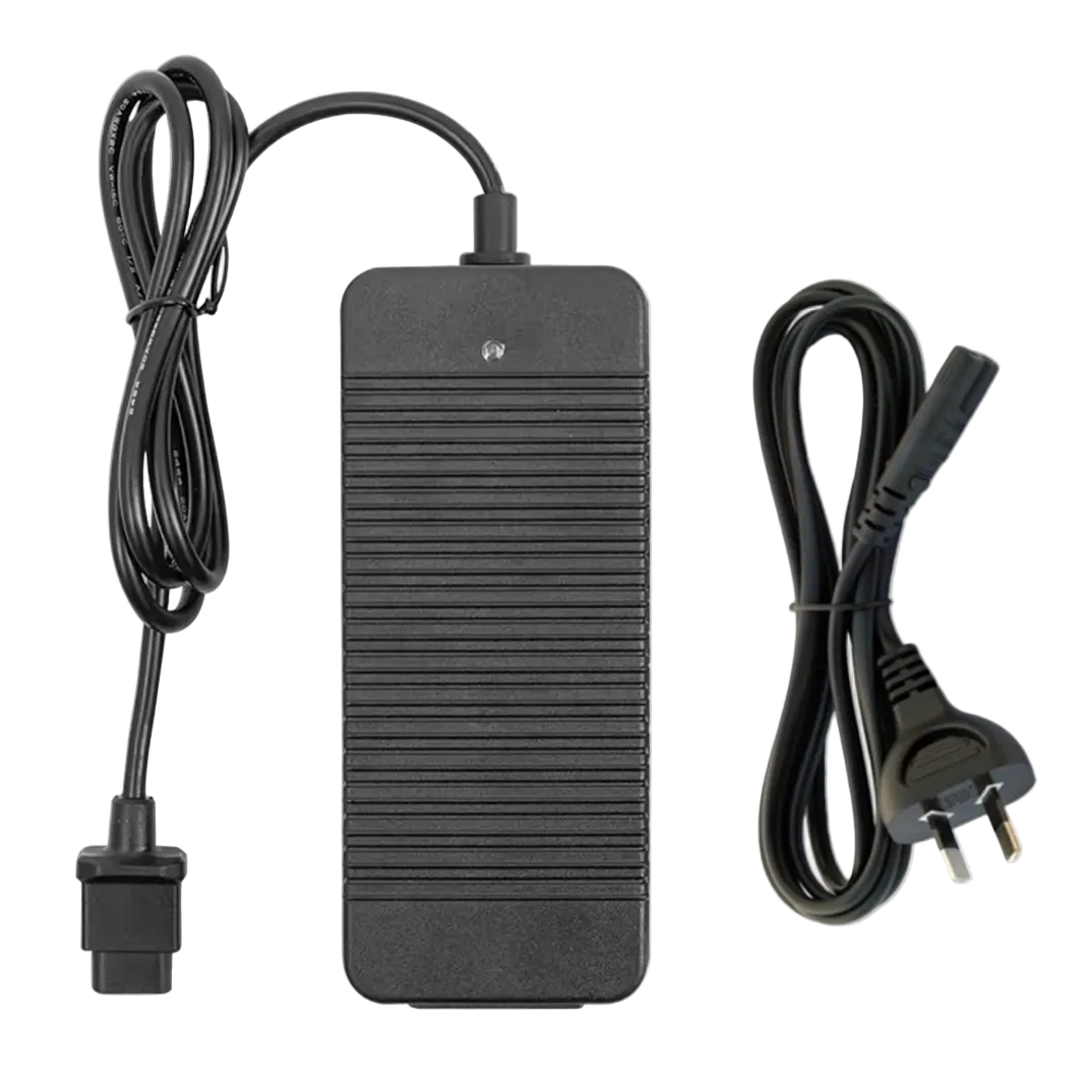 Black power adapter specifically made for Niu models with cable on a white background