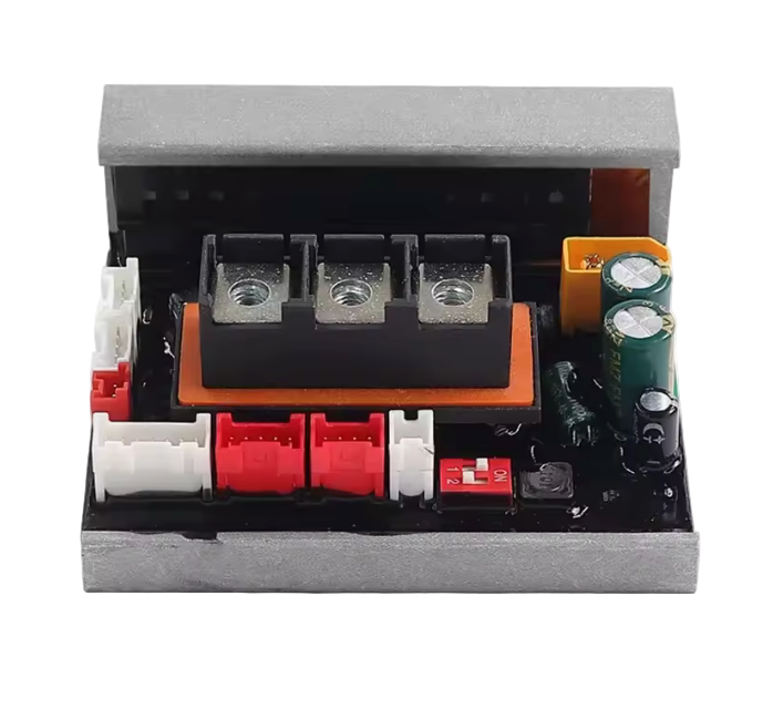 Electrical component with various connectors and terminals on a white background