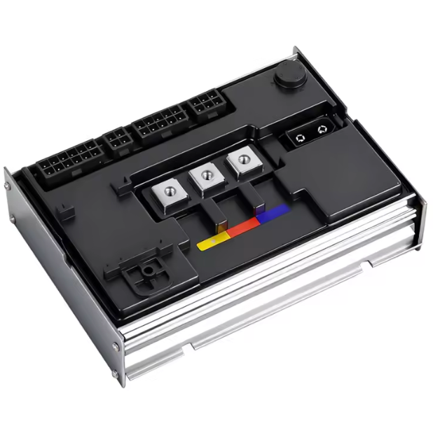 Electrical control panel with various components on a white background
