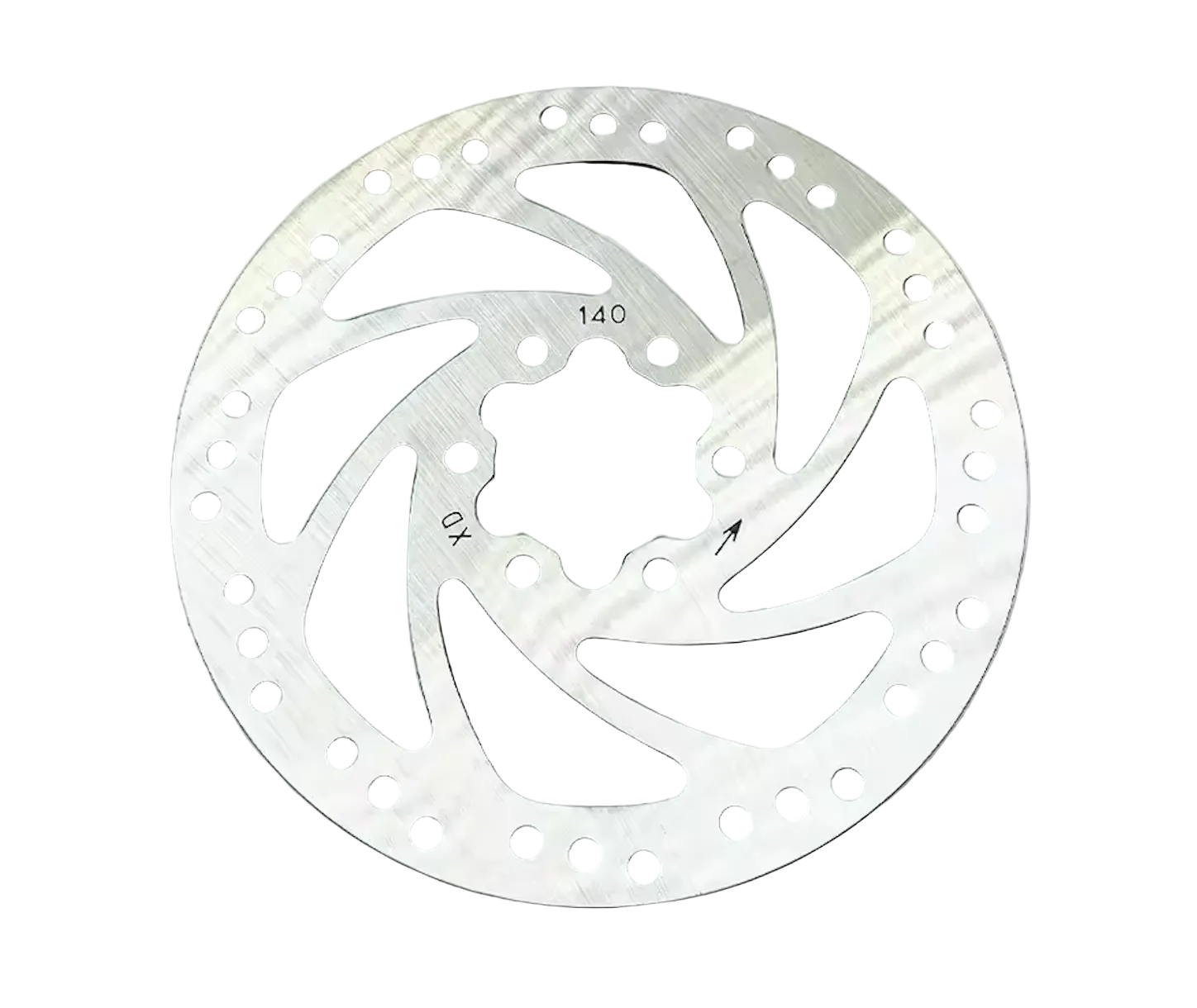 Metallic brake disc with measurement markings on a white background