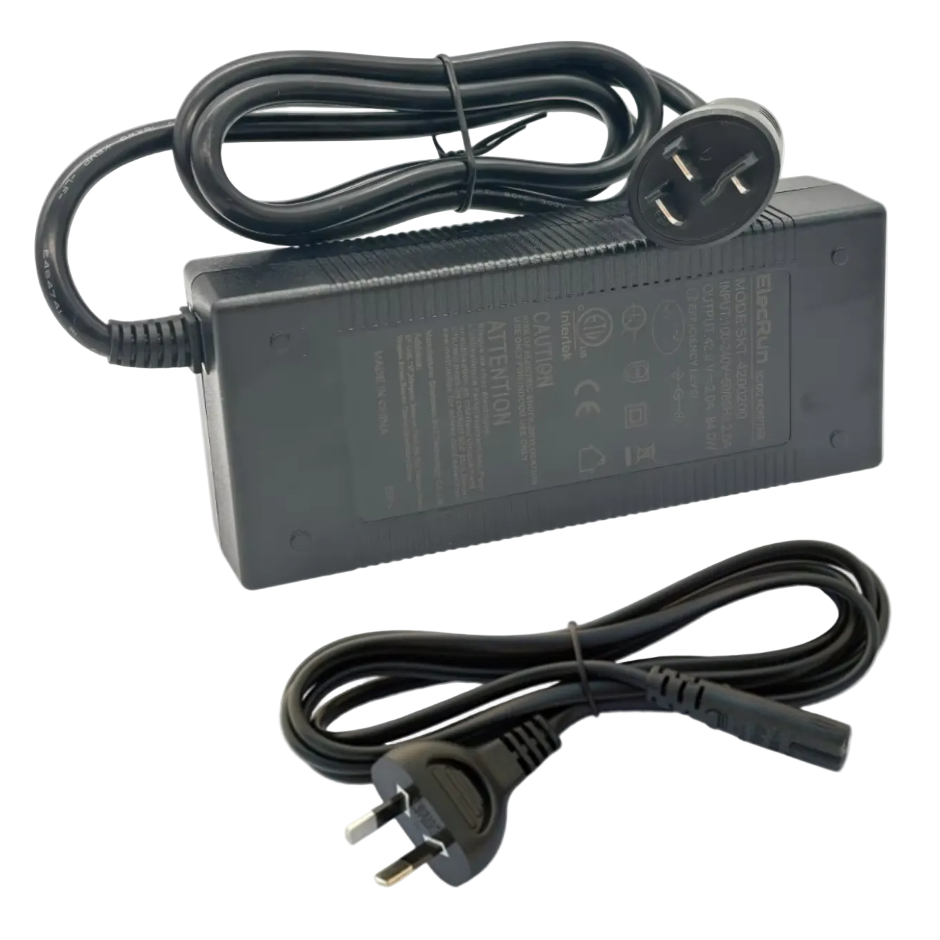 Black Bosch power adapter with two cables on a white background