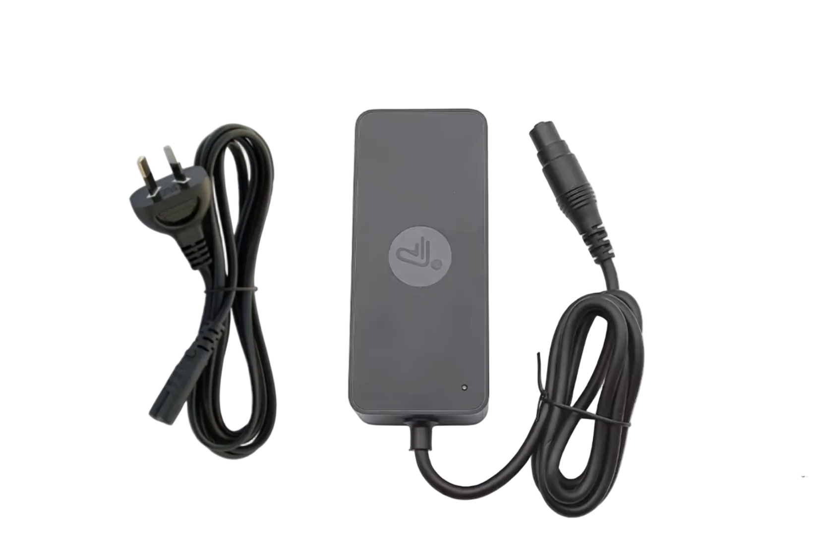 Power adapter with plug and cable on a white background. the power port is specific to new segway models