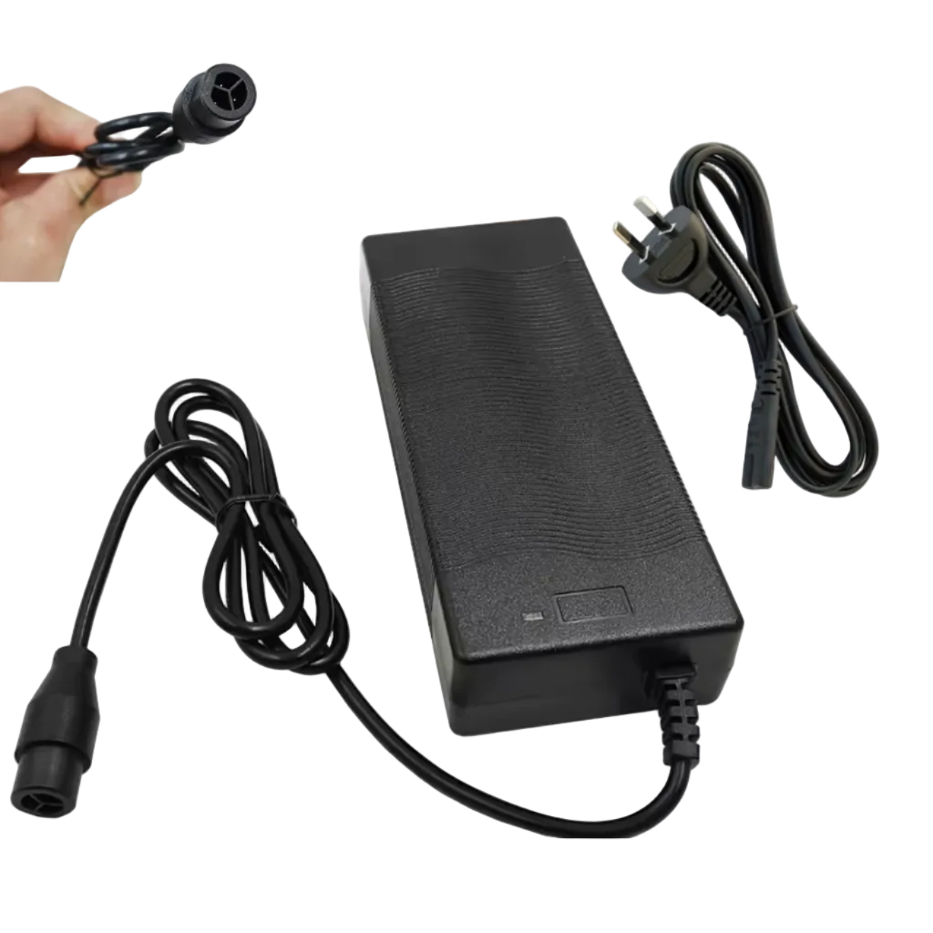 Black power adapter with multiple cables on a white background