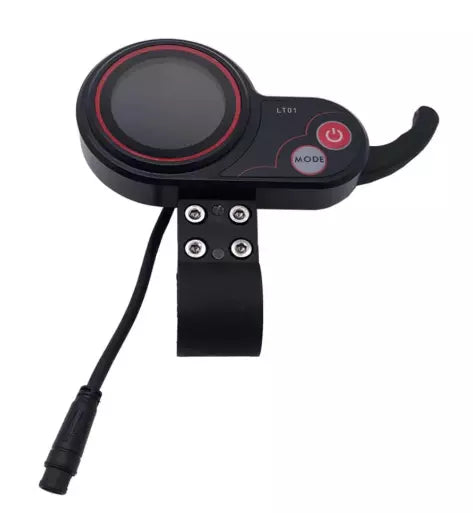Black and red electronic device with a screen and buttons on a white background