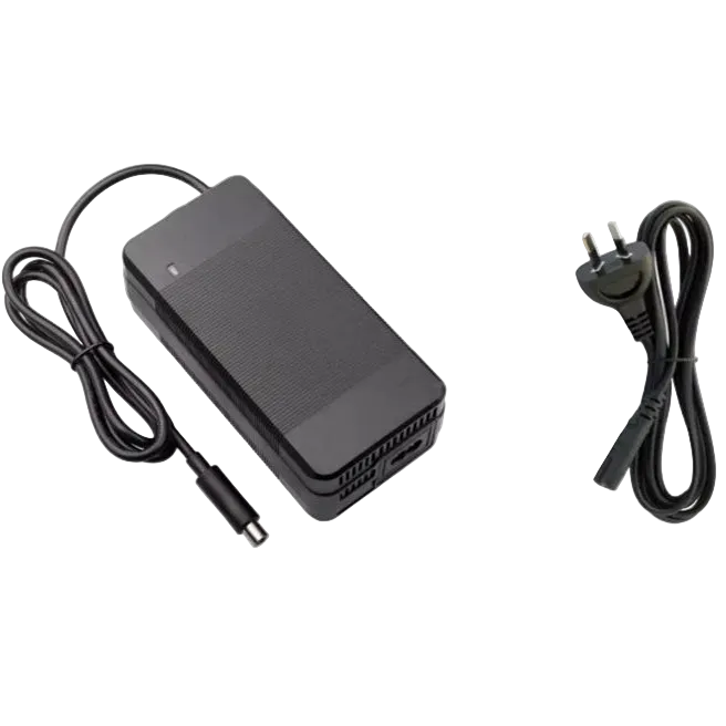 Black scooter charger with text indicating faster charging capabilities on a white background