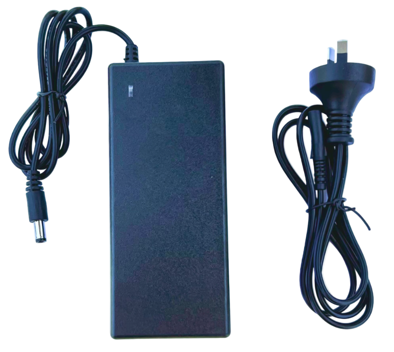 Black single pin power adapter with plug on a white background