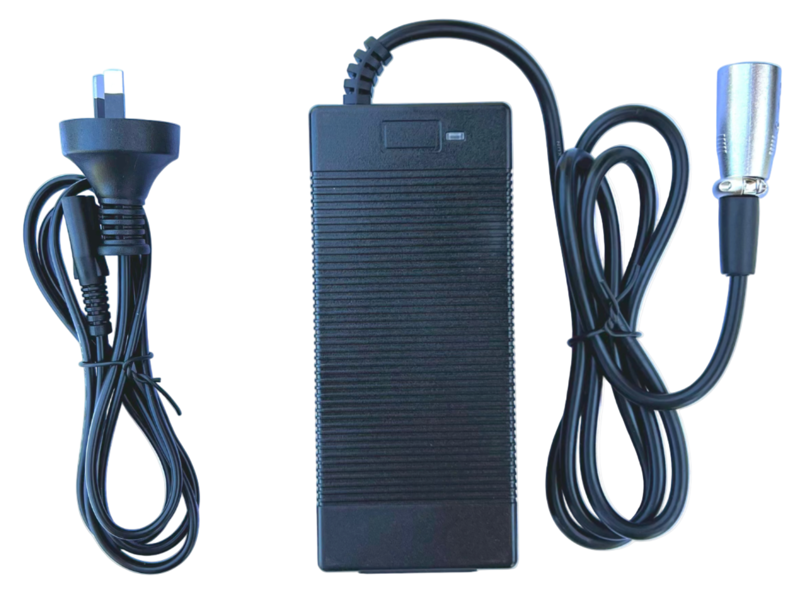 Black power adapter with plug and cable on a white background